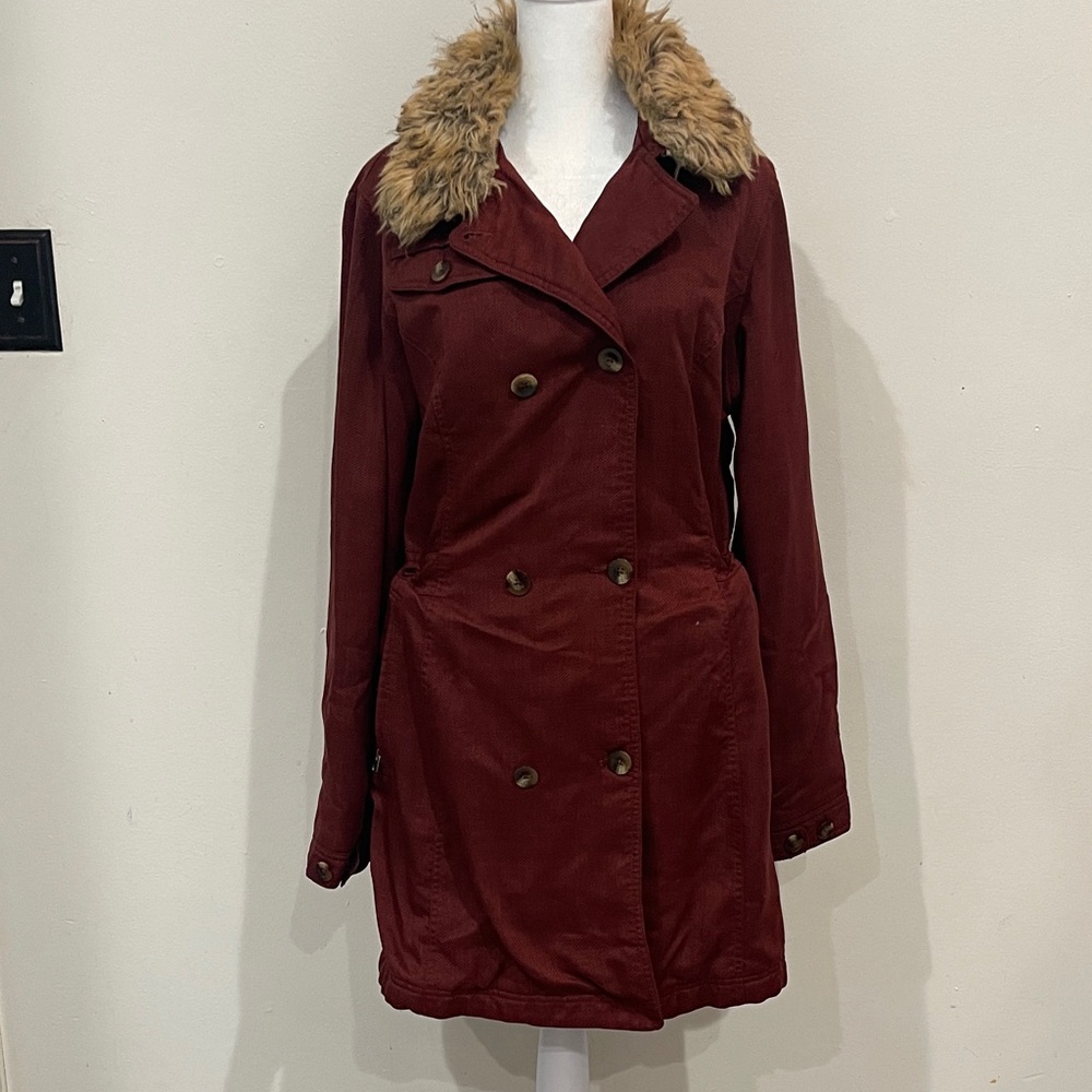The North Face Maroon Trench Coat with Tan Faux Fur Collar